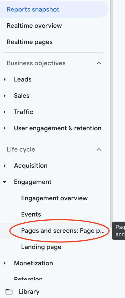 Collapsable menu, "Engagement" is expanded, red circle around "pages and screens".